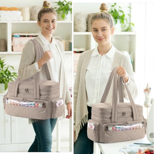 AMOIGEE Puffy Double-Layer Sewing Storage Bag with 2 Clear Organizer Boxes - color: Greige