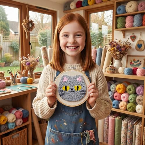 HGUANGJ Punch Needle Kit for Beginners Adults, Cat Coasters Kit with Adhesive Felt, Yarns, Embroidery Hoop for DIY Craft