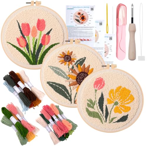 Punch Needle Kit for Adults Beginners - 3 Sets DIY Embroidery Starter Kit - color: 03-flowers