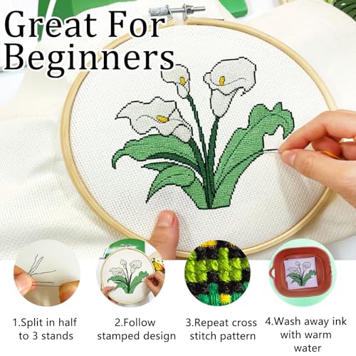 Zhenqing 4 Pack Floral Stamped Cross Stitch Kit, 11CT Printed Primrose Carnation Calla Lily Iris Patterns with 12 cm Hoop, Tools, DIY Botanical Embroidery Set for Adults - color: Floral-4 Piece-2
