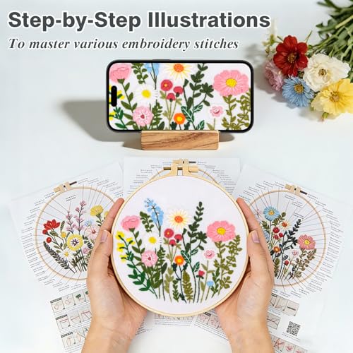 3 Pack Embroidery Kits for Beginners, Flower Pattern Kit for Adults Starter - color: Flower
