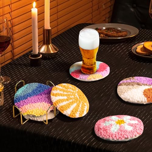 AIRDEA Punch Needle Drink Coasters Kit,Casual Punch Needle Embroidery Complete Kits for Beginner 3.29x3.29 Inches,Included All Accessories,DIY Car Coasters (Pink) - color: pink