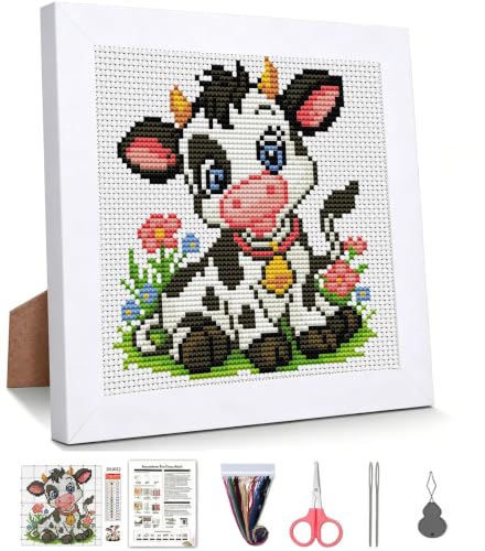 WUSARPLY Cow Stamped Cross Stitch Kits for Beginners Adults with Framed - color: DKJ032