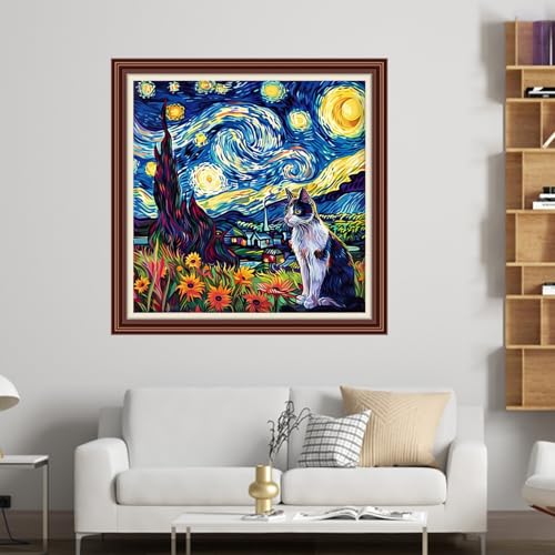Dimensean Counted Cross Stitch Kit for Beginners, 11CT Unprinted Cross-Stitch Kit Easy Patterns Needlepoint Kit Cross Stitching Embroidery Kit Supplies-Van Gogh Starry Night Cat Flower 18x18 inch - color: Patterns01