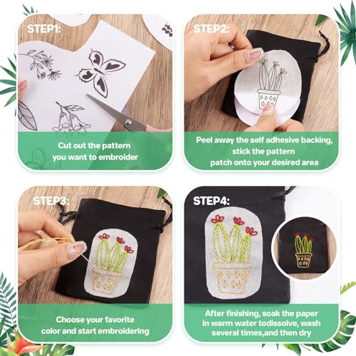 Magibeads 60 Patterns Leaf Flower Bird Insect Water Soluble Embroidery Patterns Plant Bonsai Butterfly Spring Stick and Stitch Transfer Embroidery Paper for Adult Beginners Hand Sewing Starter Kit - color: Flower & Leaf & Butterfly