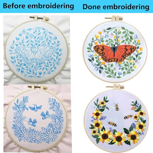 Allazone 2 Sets Embroidery Kit for Beginners, Stitch Practice Kits for Craft Lover Hand Stitch with Embroidery Fabric with Stamped Pattern, Starter Stitch Kits Suitable for Adults (Butterfly) - color: Butterfly