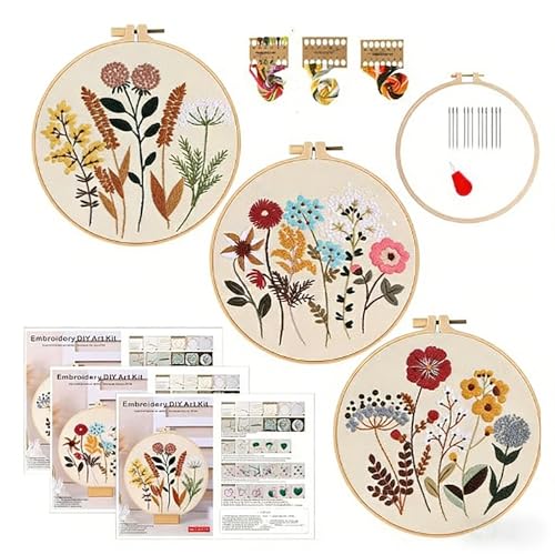 ELTONGUU 3 Sets Embroidery Kit for Beginners Adult Needlepoint Kits Tools - color: 3 Flowers