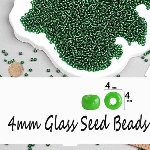 Legefo 4mm Glass Seed Beads Bulk, Green with Silver 6/0 Small Mini Pony Seed Beads, Tiny Round Craft Bead for Bracelet Necklace Wrist Jewelry Making Beading Weaving DIY Crafts Supplies, 1000pcs - color: Green with Silver