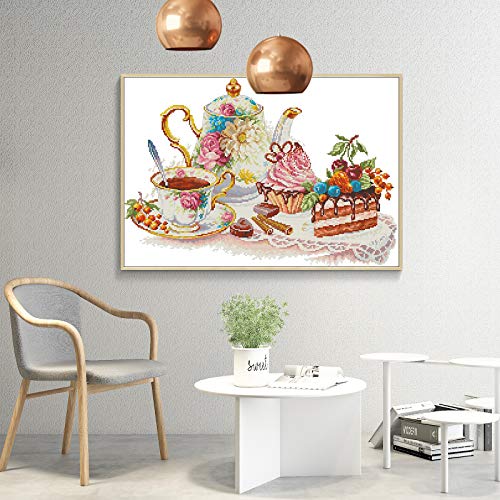 Cross Stitch Kits Stamped Full Range of Embroidery Starter Kits for Beginners DIY 14CT Easy Patterns Embroidery for Girls Crafts-Afternoon Tea 18.9x13.8 (inch) - color: Afternoon tea, 18.9x13.8 inch