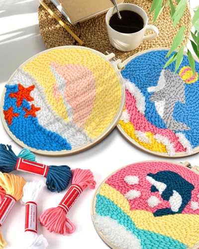 TINDTOP Punch Needle Kits, 3 Pack Punch Needle Embroidery Kits for Adults Beginner, Tool with Punch Needle Fabric, Hoops, Yarns and Sewing Needles (Dolphin) - color: Dolphin