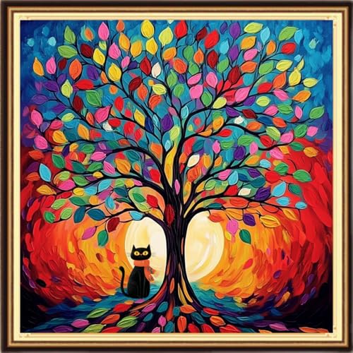 Redxing Counted Cross Stitch Kit for Beginners,Unprinted Needlepoint Kits for Beginners Cross Stitching Embroidery Kit 11CT Stitches kit- Moonlit Tree Cat 18x18 inch - color: KitsColor07