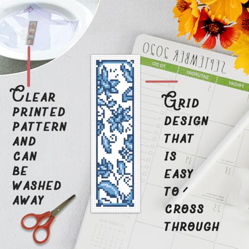 BEUNITONE Cross Stitch Bookmark Kit 6 Pcs Watercolor DIY Bookmarks Cross Stitch Kits for Beginners Birds Flower Stamped Embroidery Bookmark with Landscape Patterns Craft Kit for Gifts 8''x2.4'' - style: Blue and White Porcelain Pattern