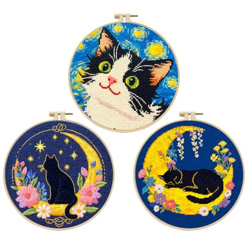 Zhenqing 3 Pack Cat Stamped Cross Stitch Kit for Beginners - color: 3 Pack Cat