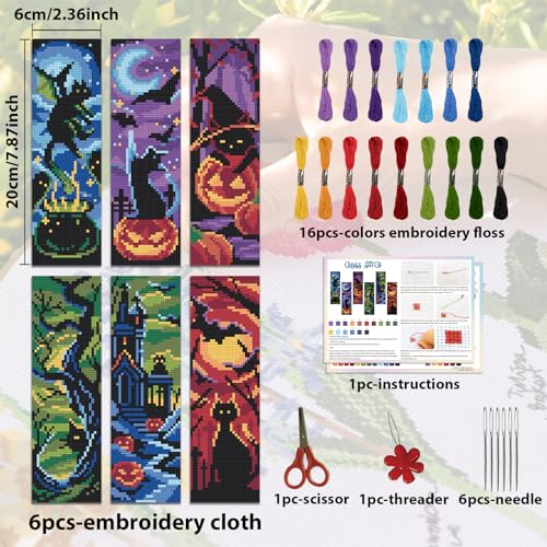 ACRNIGHEET 6PCS Cat Cross Stitch Bookmark Kit DIY Halloween Bookmarks Cross Stitch Kit for Adult Beginners Pumpkin Cross-Stitch Stamped Kits 8.7x3.1inch Stamped Embroidery Bookmark with Instructions - style: Halloween Patterns 1