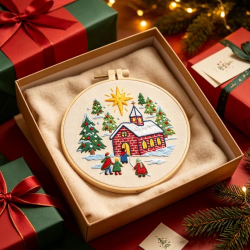 FONNUY Crewel Christmas Embroidery Kit for Beginners, Cross Stitch Set Winter Snow Scene Pine Owl Pattern for Adults, Easy to Follow Color Thread Needlework, 8'' Hoop (Tree and House 2) - style: Tree and House 2