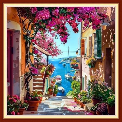 Joyhoor Stamped Cross Stitch Kits for Beginners, Needlepoint Kits for Adults, 11CT Counted Embroidery Kits-Seaside Flower Street 18x18 inchs - color: Artstyle16