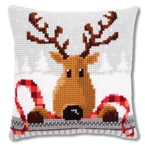 Vervaco Cross Stitch Christmas Pillow Kit Reindeer DIY Home Decor Stamped Embroidery Chunky Cross Stitch Cushion Craft Supplies ca. 16" x 16" Needlepoint Kits for Adults Creative Gift - size: Reindeer
