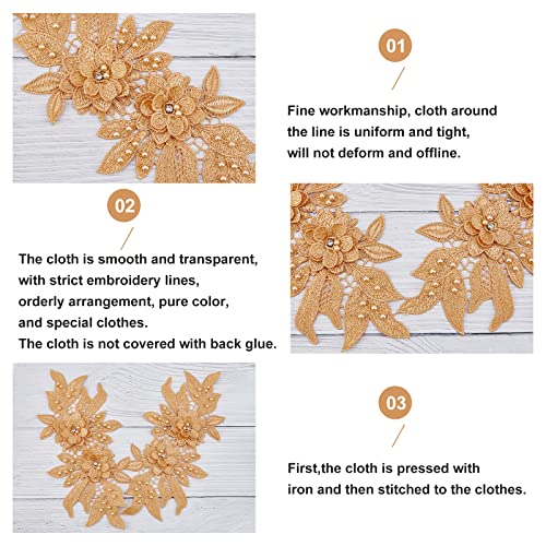 NBEADS 2 Pairs 3D Lace Applique Patches, Goldenrod Sew on Embroidery Lace Flower Patches Floral Motif Beaded Rhinestones Lace Trim Fabric Pearl Appliques for Sewing Wedding Bride Dress Shoes Decor - color: Goldenrod 2 pairs