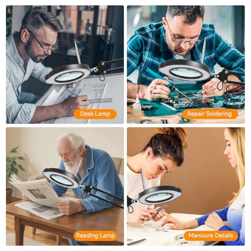 12XMagnifying Glass with Light and Stand|Magnifying Lamp with 3-Section Swing Arm,5 Color Modes LED Lighted Magnifier Lamp for Workbench (Black Ultra Long)