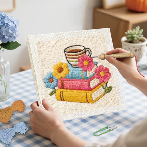 BEUNITONE Book and Flower Punch Needle Kit for Adults Beginners, Complete DIY Craft Embroidery Kits with Hoop, Punch Needle Starter Craft Set for Festival Gift and Home Decor 9.4x9.4in - color: 03-Book Flower