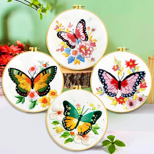 Zhenqing Butterfly Embroidery Kit 11.4x11.4 Inch - Complete Embroidery Set with Fabric, Threads, Needles & Hoop - Beginner-Friendly DIY Craft Kit for Adults (C0040) - color: C0040