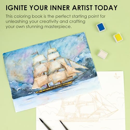 Grabie Watercolor Coloring Book, 15 A5 Cotton Sheets, Landscape Themed - color: Landscape