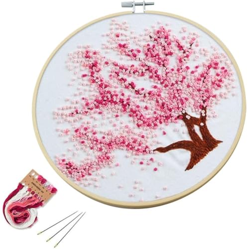 Arte Vita Embroidery Starter Kit Cherry Blossom Tree Full Range DIY for Beginners - color: White-Pink