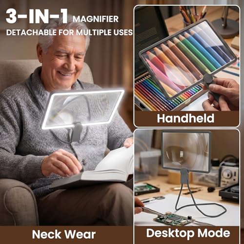 Neck Magnifying Glass with Light, 3-in-1 5X Magnification, 48 LEDs, Acrylic Lens, Adjustable Gooseneck, 3 Color Brightness Settings, Rechargeable, for Seniors Reading & Craft (Grey)