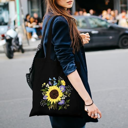 Canvas Tote Bag Embroidery Kit with Sunflower Pattern, Embroidery Kits for Beginners Adults, Arts and DIY Crafts Embroidery Starter kit, Include Stamped Embroidery Bag, Color Threads, Embroidery Tools - color: Black with Sunflower