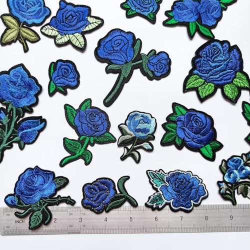 25pcs Rose Iron on Patches, Assorted Sizes Blue Floral Embroidered Patches Applique for Clothes Hats Jeans Jacket - color: Blue Rose