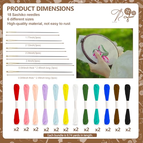 24 Skeins Sashiko Thread,18Pcs sashiko Needles, 100% Cotton,12 Colors, Each Bundle Measuring 8 Meters/8.75 Yards,Suitable for Sewing and Embroidery. - color: 12 Colors