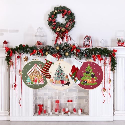 LB Christmas Embroidery Kit for Beginners Adults, 3 Sets Hand Embroidery Starter Kit with Black Cat Pattern and Instructions Stamped Cross Stitch Kits Include Embroidery Hoop Needles Threads Scissors - color: Red Black