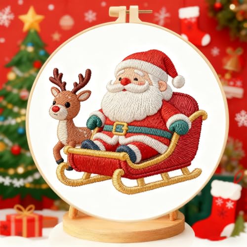Zhenqing Santa Reindeer Embroidery Kit for Beginners, Christmas Sleigh Needlework Kit with Pre-Printed Fabric, Hoop, Threads & Tools (C0148) - color: Santa Claus and Reindeer