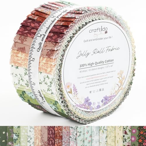 Craftido-20 Options-100% Cotton Jelly Roll Fabric Precut Strips for Quilting, Crafting, and Sewing, 40 Strips 2.5" x 44" Assorted Bundles for Rug, Quilt Project, DIY Craft and Home Decor-Cottage Bloom - color: Cottage Bloom