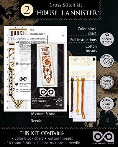 Cross Stitch Kits - Set of 3 DIY Hand Embroidery Bookmarks: House Stark, Targaryen, Lannister - GoT Design Patterns - color: 3-in-1