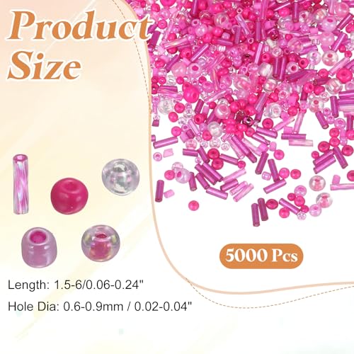 MECCANIXITY 5000 Pcs Mixed Glass Seed Beads, 1.5-6mm Mini Loose Glass Bugle Spacer Bead Embroidery Beads for DIY Craft Projects Earrings Necklaces Bracelets Jewelry Making, Rose Red - color: Rose Red