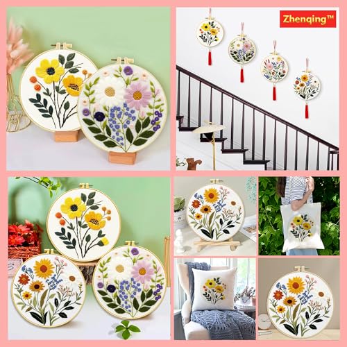 Zhenqing 4-Piece Floral Embroidery Kit for Beginners - Complete Set with Printed Cotton Fabric, Hoop, Threads & Tools (C0155) - color: C0155