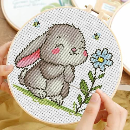 Stamped Cross Stitch Kits for Beginners-Cute Rabbit,with Embroidery Hoop - color: Cross Stitch-Rabbit