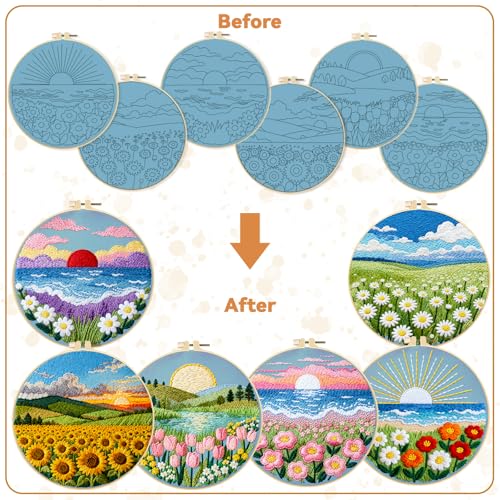 BEUNITONE 6 Set Flower Sea Starter Embroidery Kit with Pre-stamped Pattern Needlepoint Craft Kits with Embroidery Hoops Complete DIY Handmade Cross Stitch Set for Home Decor and Festival Gifts 20x20cm - style: Sea of Flowers