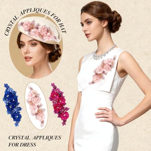 Handmade 3D Flower Embroidery Applique Rhinestone Lace Patches, Pink, 1 PC - color: Pink