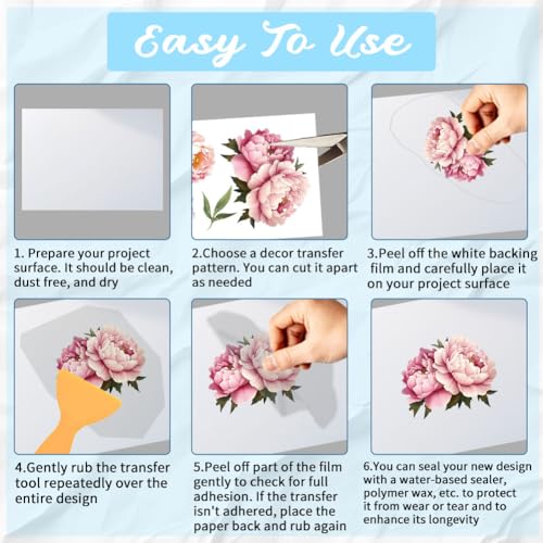 3 Sheets Pink Peony Rub on Transfers for Crafts, 12×6in - style: Peony