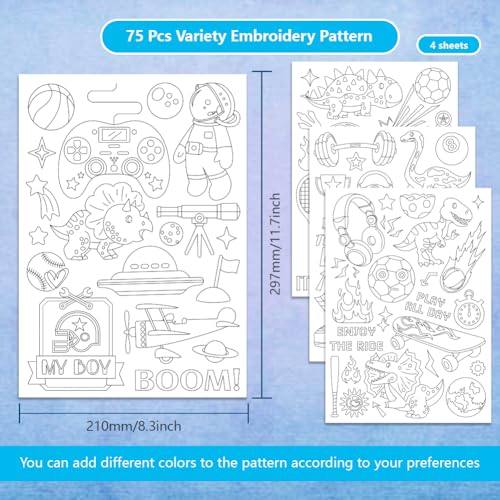 4 Sheets Water Soluble Embroidery Patterns Stabilizers Boyish Theme Embroidery Stick and Stitch Paper with Pre-Printed Sports Dinosaurs Patterns for Hand Sewing Lover Beginners - style: Sports & Dinosaurs