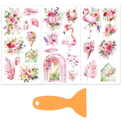 OLYCRAFT 3Pcs/Set Pink Flamingo Rub on Transfers for Furniture and Craft 6x12 Inch Pink Flowers Furniture Decal Transfer Stickers Rub on Decal with 1pc Scraper for Cabinet Wardrobe Decoration - style: Flamingo