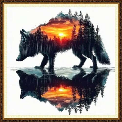 Redxing Counted Cross Stitch Kit for Beginners,Unprinted Needlepoint Kits for Beginners Cross Stitching Embroidery Kit 11CT Stitches kit-Abstract Wolf 18x18 inch - color: KitColors34