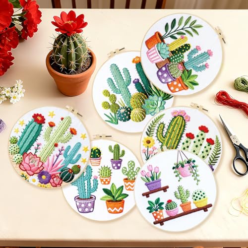 BEUNITONE Cactus Embroidery Kit for Beginners, 6PC Succulent Plant Themed Needlepoint Kits for Adults with Hoops, Threads, Needles, Instructions and Full Kits, DIY Home Decor Craft Gift for Adults - style: Cactus