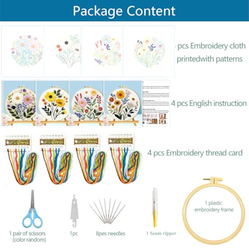 Zhenqing 4-Piece Floral Embroidery Kit for Beginners - Complete Set with Printed Cotton Fabric, Hoop, Threads & Tools (C0155) - color: C0155