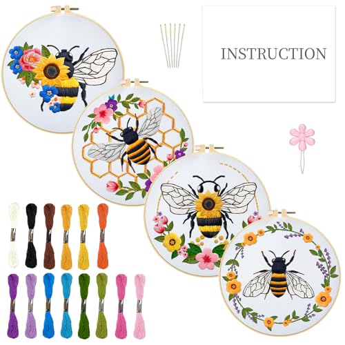 INFUNLY 4 Sets Bees and Flower Embroidery Kits for Beginner DIY Cross Stitch Starter Sets with Instruction Sunflower Honeybees Handmade Needlepoint Kits with Embroidery Cloth Colored Thread Hoop Tools - style: Bees