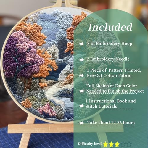 FONNUY Embroidery Kit for Beginners, Boho Nature Landscape Pre-Stamped Pattern Kits for Adults with Hoop, Easy to Follow Color Thread Needlework, 8'' Hoop (Late Spring) - color: Late Spring