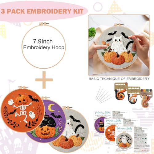 Nuberlic 3 Pack Halloween Embroidery Kit for Beginners - color: Halloween