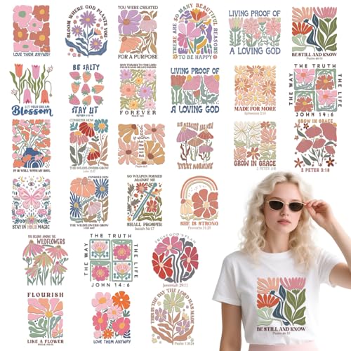 Dazoratix Christian Iron on Transfers - 28 Sheets Floral Bible Verse DTF Ready to Press for T Shirts Inspirational Heat Patches Viny Stickers Decals for Clothes Bags Hats Pillow DIY Crafts Decorations - style: Christian Floral